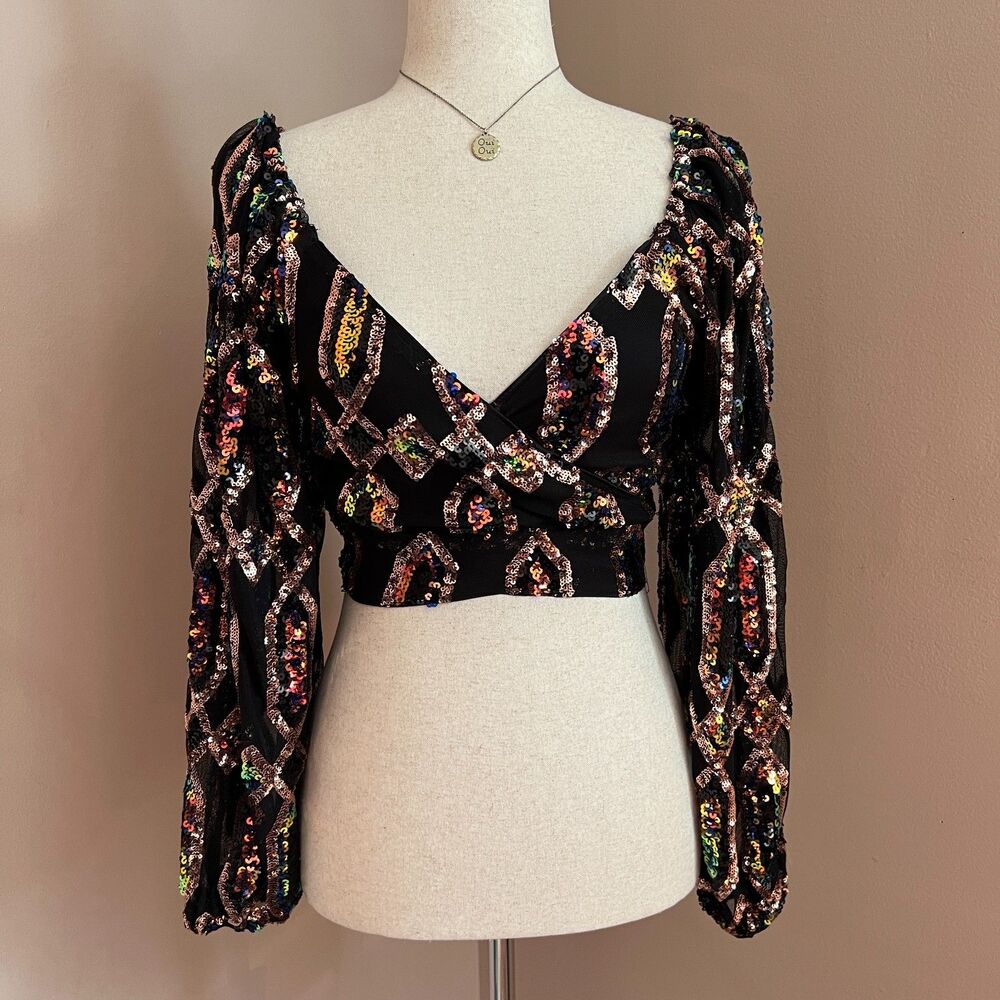 AKIRA Celine Black Sequin Cross Front Crop Top Size S Party‎ Going Out Festival